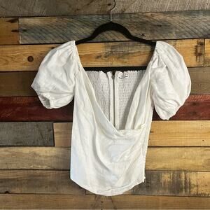 Reformation White Puff Sleeve Smocked Back Top
